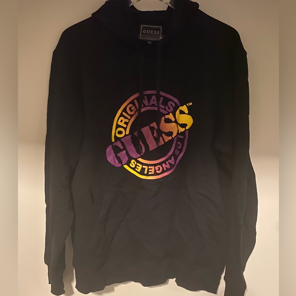 Guess Men’s hoodie black, purple, and yellow. Size L.